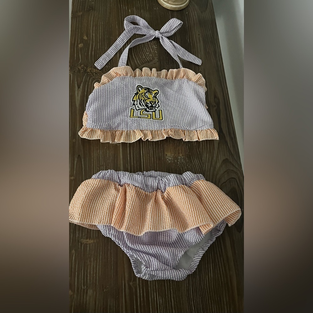 LSU Girls Two-Piece Seersucker Ruffle Swim Set in Purple Orange Mike Tiger 7/8 - Picture 2 of 11